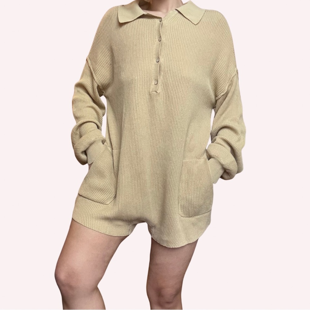 Beige Collared Knit Romper